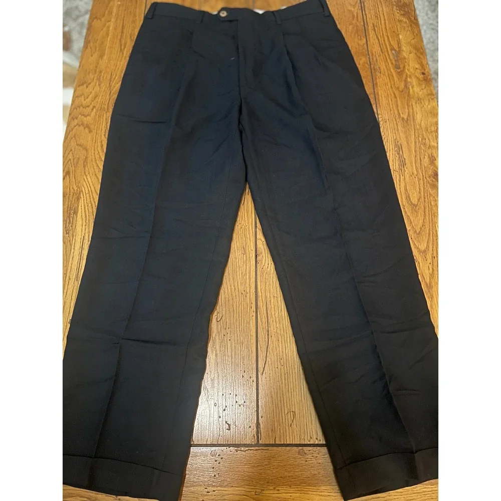 Geoffrey Beene Mens Black Double Pleated Cuffed Dress Pants Trousers 38x30